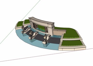 现代详细的景墙水池设计SU(草图大师)模型