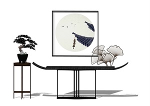 新中式案台桌子装饰品植物组合SU(草图大师)模型