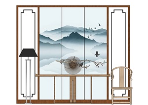 新中式玄关案台装饰品组合SU(草图大师)模型