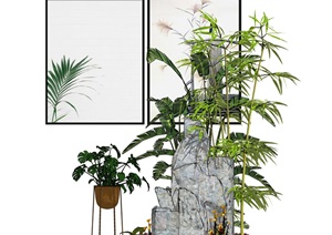 新中式假山竹子植物组合SU(草图大师)模型