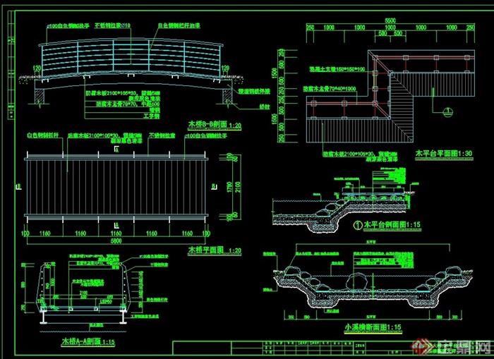 小桥、木平台、小溪水系cad施工图