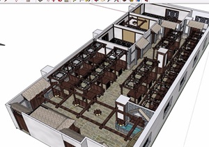 中式详细的完整餐厅设计SU(草图大师)模型