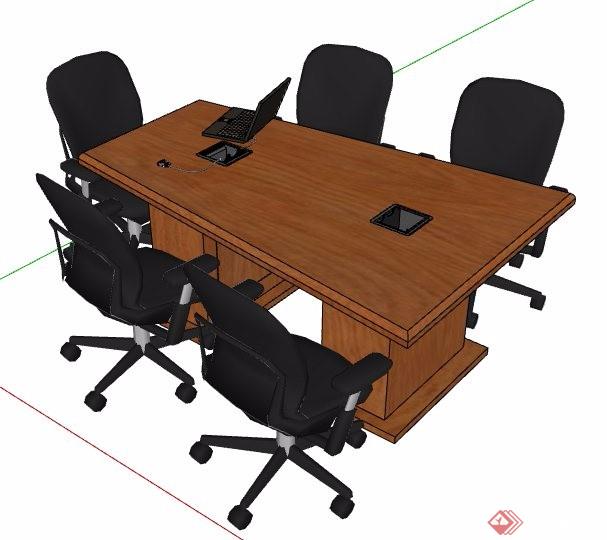 木制梯形会议桌及椅子su模型