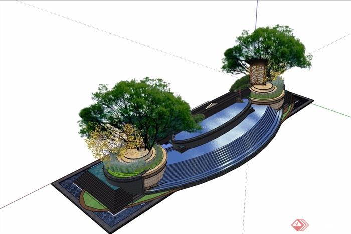 详细的水池、种植池及景墙设计su模型