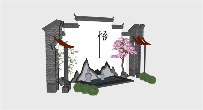 中式马头墙禅意小场景景观造型艺术景墙小品(2)