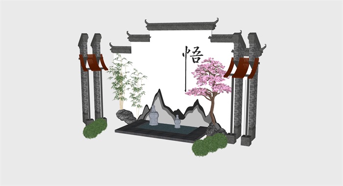 中式马头墙禅意小场景景观造型艺术景墙小品(4)