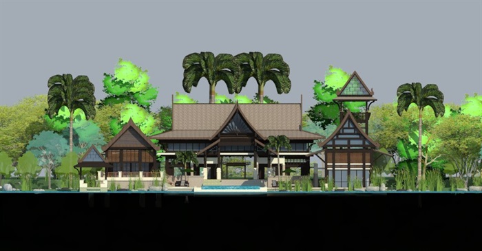 东南亚建筑风格私人会馆景观度假酒店sketchup整体模型(3)