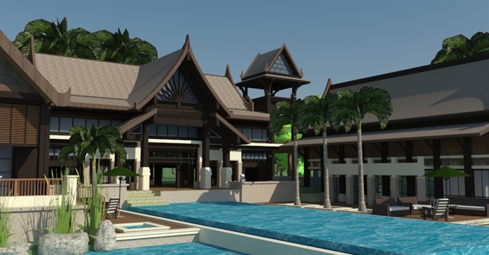 东南亚建筑风格私人会馆景观度假酒店sketchup整体模型(5)