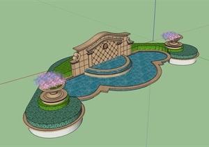 欧式风格详细的完整经典水池景墙设计SU(草图大师)模型