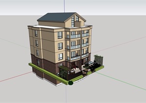 多层民居住宅楼设计SU(草图大师)模型含庭院