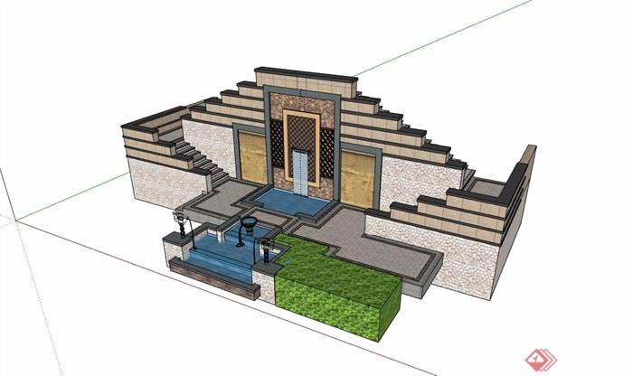台阶、水池、景墙素材设计su模型