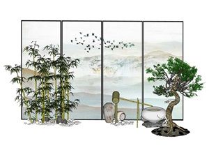 新中式屏风 隔断 竹子 鹅卵石 小品组合SU(草图大师)模型