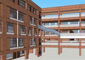 现代创意横列式红砖表皮中小学校校园教学区规划教学楼设计