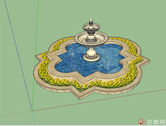 园林景观详细的水池水钵素材设计su模型