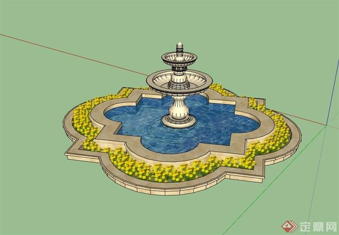 园林景观详细的水池水钵素材设计su模型