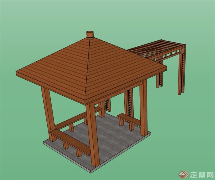 全木质详细的廊亭组合素材设计su模型