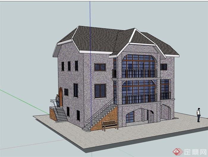 三层美式风格详细的住宅别墅设计su模型