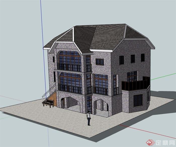 三层美式风格详细的住宅别墅设计su模型