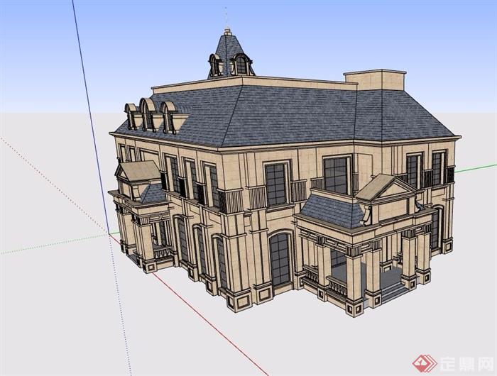 别墅美式两层详细的建筑楼设计su模型