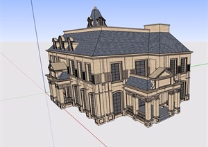 别墅美式两层详细的建筑楼设计SU(草图大师)模型