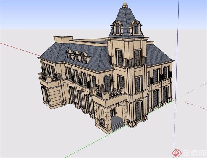 别墅美式两层详细的建筑楼设计su模型