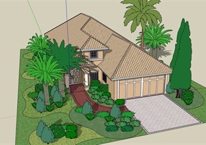 详细单层欧式风格住宅别墅设计SU(草图大师)模型