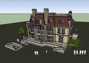 西方古典风格3层有地下室别墅建筑设计SU(草图大师)模型