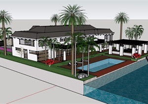 美式风格详细的两层详细完整住宅别墅SU(草图大师)模型