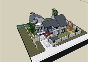 中式详细的别墅建筑及庭院SU(草图大师)模型