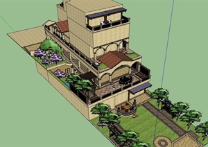 不完整的别墅建筑及绿化SU(草图大师)模型