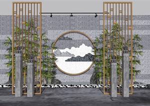 新中式禅意景墙 景观小品 隔断 鹅卵石 竹子组合SU(草图大师)模型
