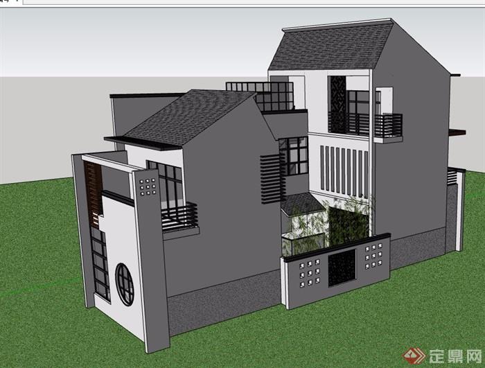 中式详细完整的私人住宅别墅su模型