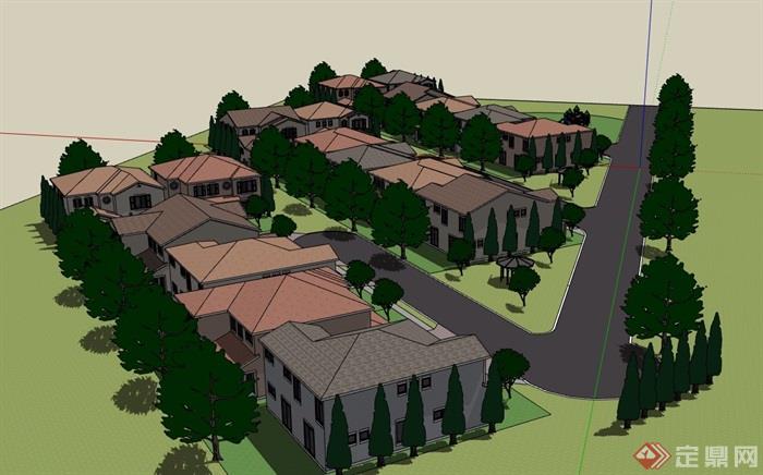 详细的多栋完整小区别墅设计su模型