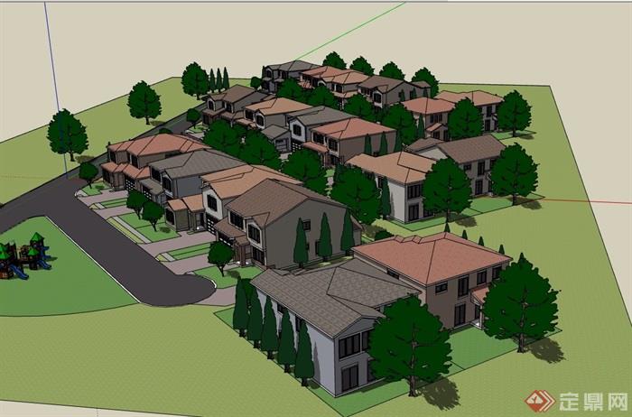 详细的多栋完整小区别墅设计su模型