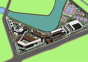L型基地布局现代滨水红砖材质表皮中小学校园幼儿园综合规划设计