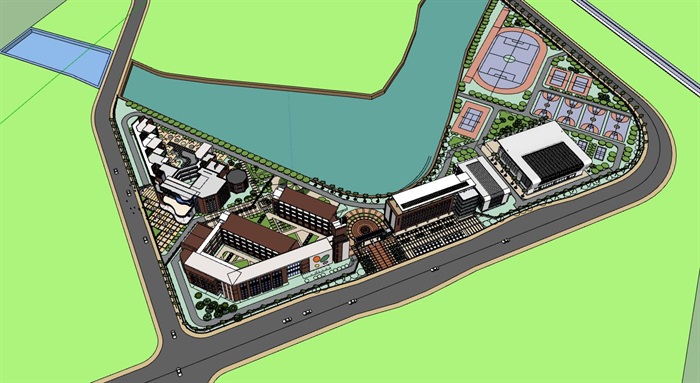 L型基地布局现代滨水红砖材质表皮中小学校园幼儿园综合规划设计(1)