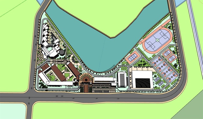 L型基地布局现代滨水红砖材质表皮中小学校园幼儿园综合规划设计(4)