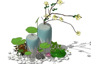 新中式景观小品 荷叶 鹅卵石 枯枝 陶罐组合SU(草图大师)模型