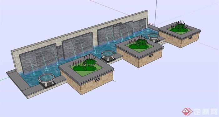 园林景观喷泉水池花池设计su模型