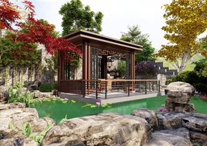 某新中式庭院，假山，亭子，水池，驳岸