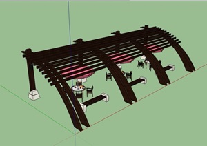 休闲木质廊架伞桌椅素材设计SU(草图大师)模型