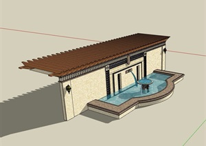 欧式详细的经典水池景墙廊架素材SU(草图大师)模型