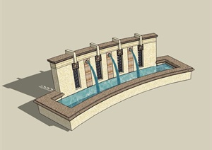 园林景观详细的喷泉水池景墙SU(草图大师)模型