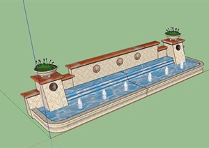 欧式详细的喷泉水池景墙素材SU(草图大师)模型