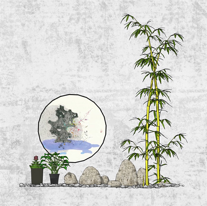 景观小品鹅卵石竹子 植物 装饰画组合(1)