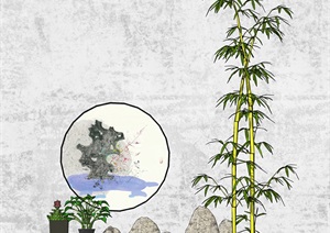 景观小品鹅卵石 石头 竹子 植物 装饰画组合SU(草图大师)模型