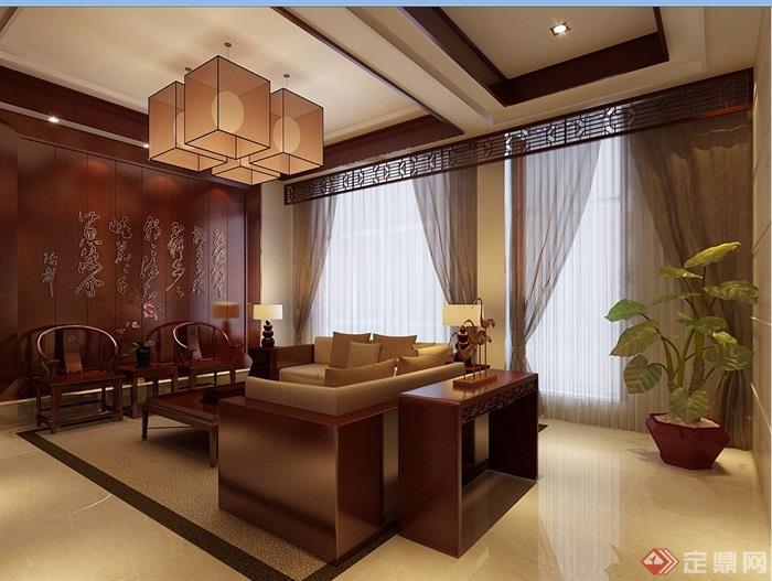详细的中式客餐厅空间设计3d模型及效果图