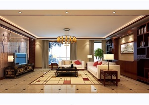 中式住宅客厅室内设计3d模型及效果图