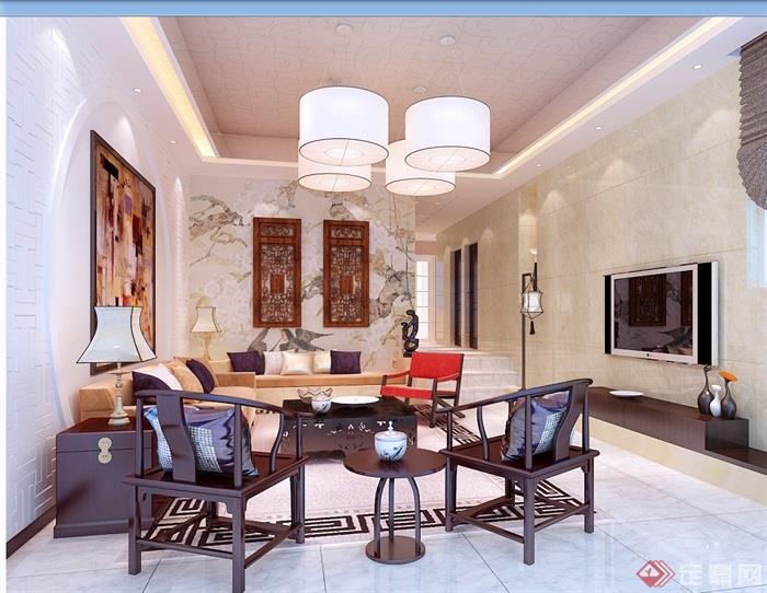 中式详细的客厅空间装饰3d模型