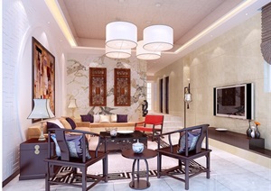 中式详细的客厅空间装饰3d模型